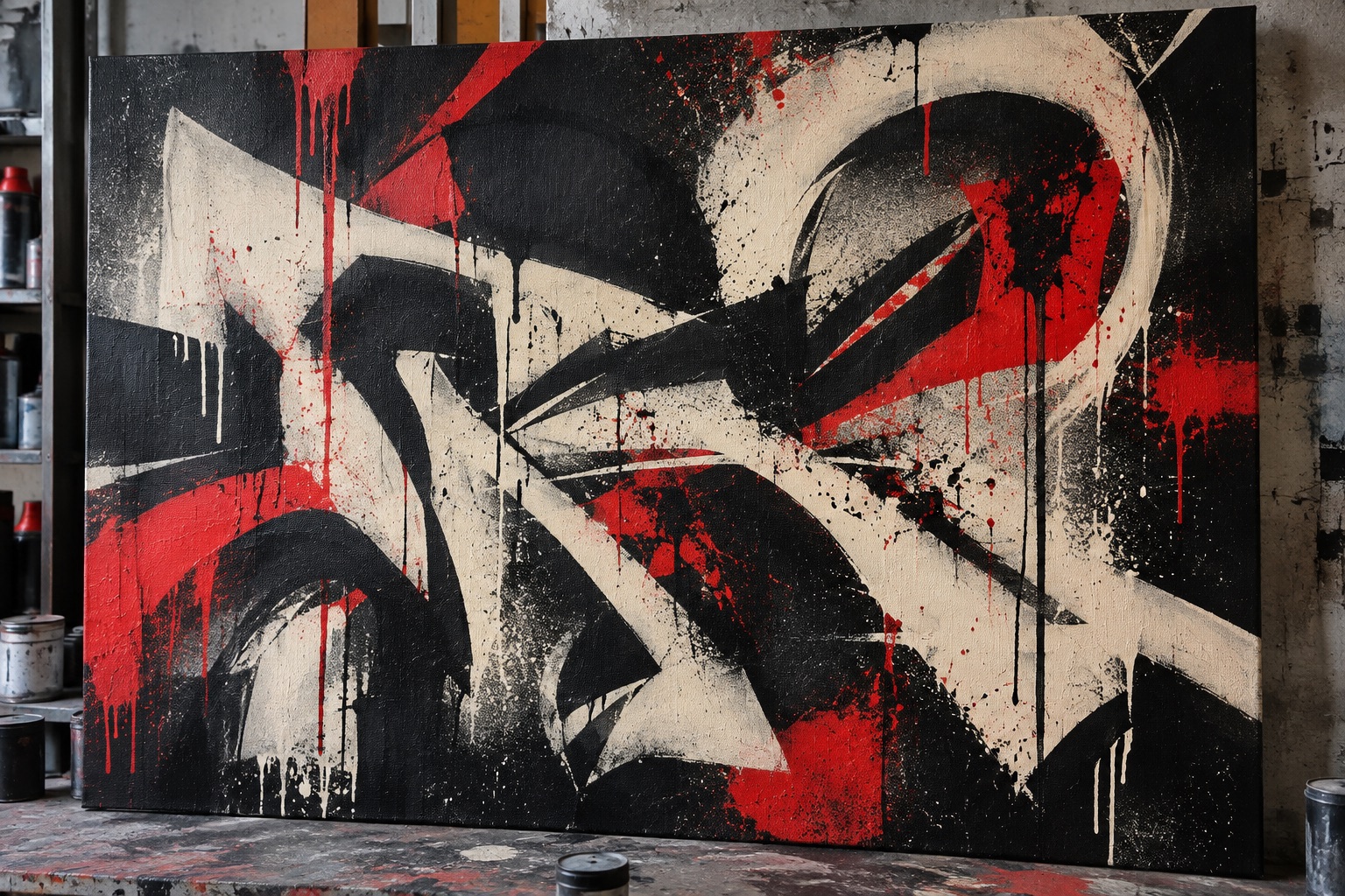 Concept de toile graffiti abstraite noire, crème et rouge en atelier