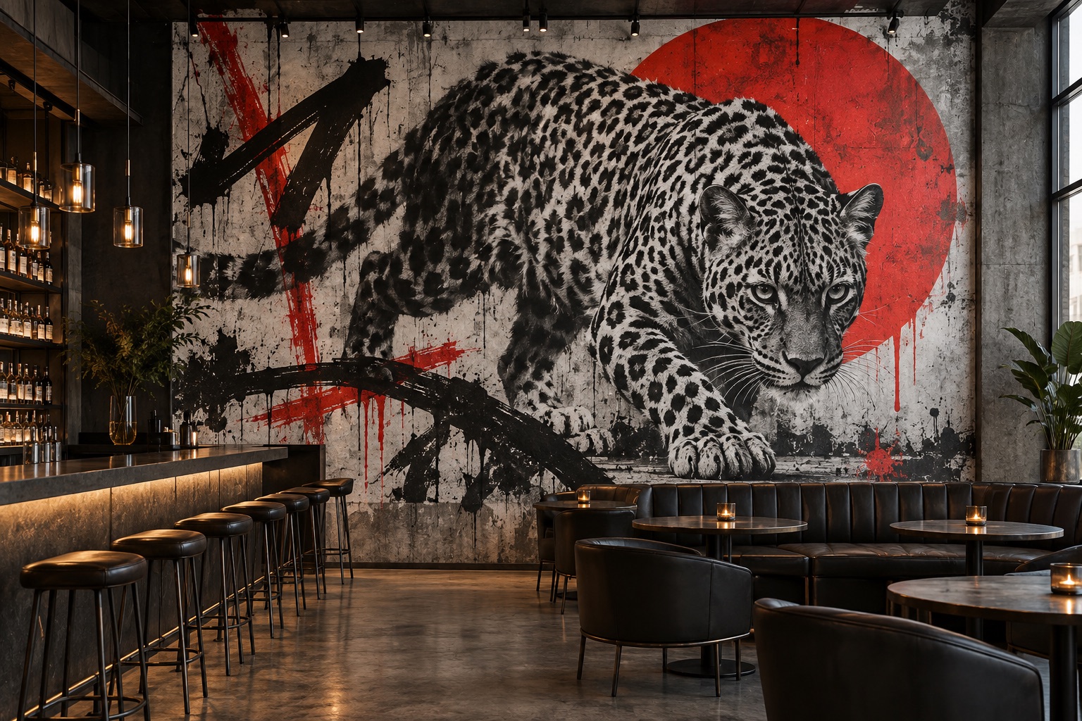 Concept de léopard noir et blanc accompagné d’un cercle rouge dans un bar