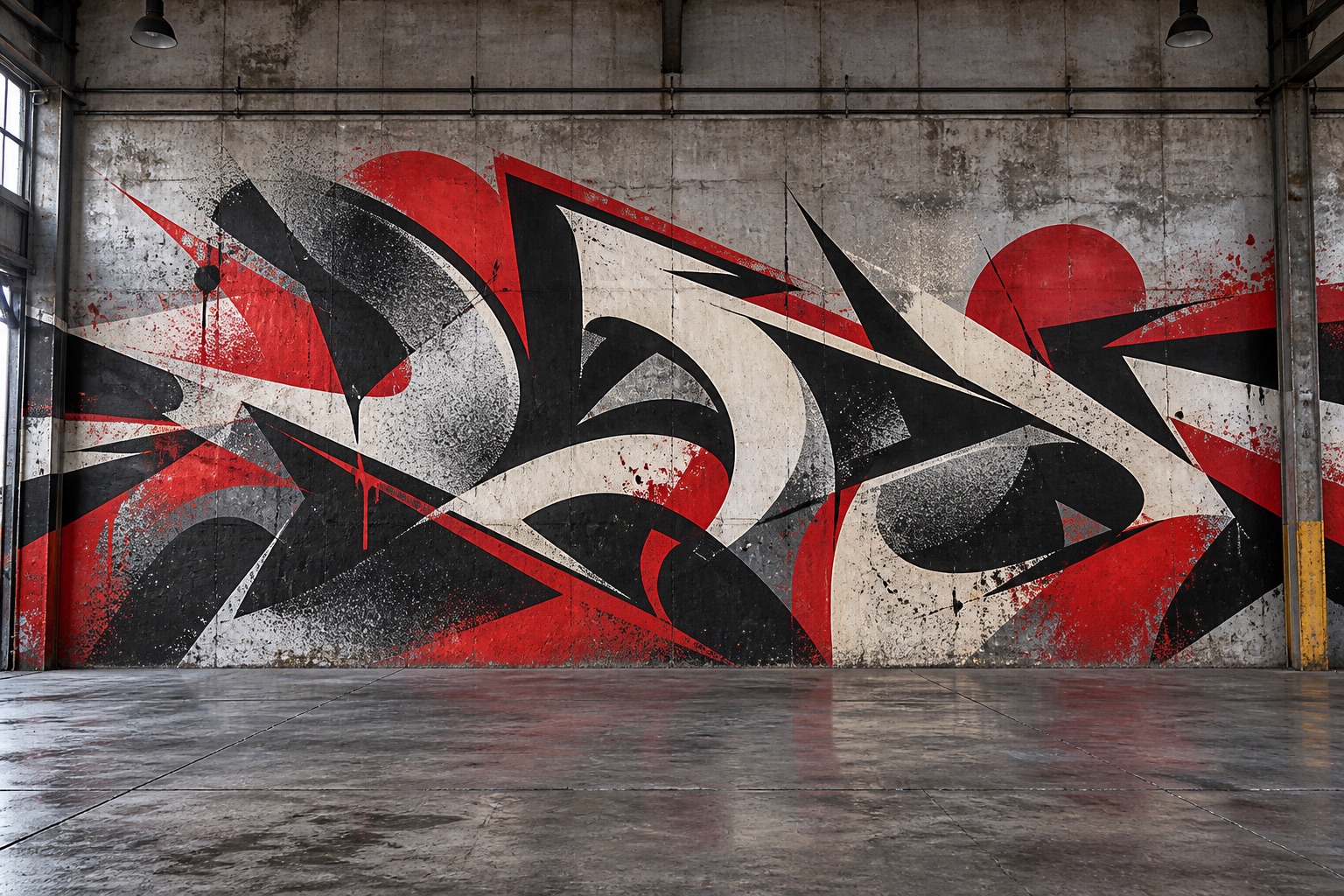 Concept de fresque graffiti abstraite rouge, noire et argentée sur un mur de béton